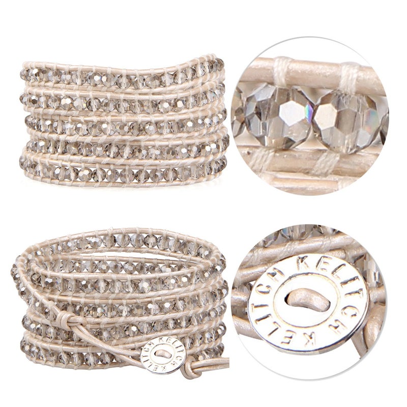 KELITCH New Gray Crystal Beaded 5 Wrap Bracelet On Leather Friendship Bracelets Jewelry for Womens - Image 3